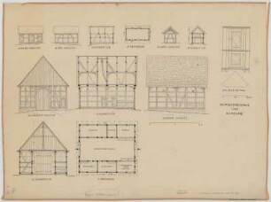 Hiddensen bei Eschenbruch (Kreis Detmold): Hof Winkemeier. - Schweinehaus (Grundriss, Nordansicht, Südansicht, Westansicht, Schnitte). - Scheune (Grundriss, Nordostansicht, Südostansicht, Schnitte). - Eckschrank (Grundriss, Ansicht)