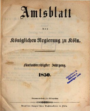 Amtsblatt für den Regierungsbezirk Köln. 1850, 1850