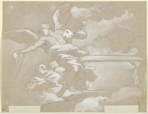Ein Engel an einem Altar auf Wolken gießt eine Schale aus
