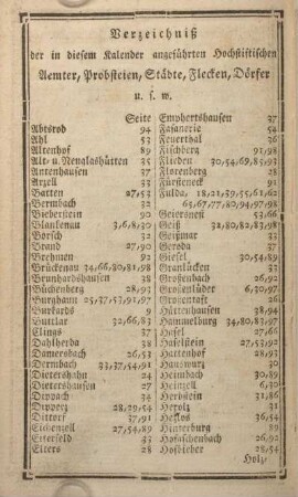 Verzeichnis der in diesem Kalender angeführten hochstiftischen Aemter, Probsteien, Städte, Flecken, Dörfer u.s.w.