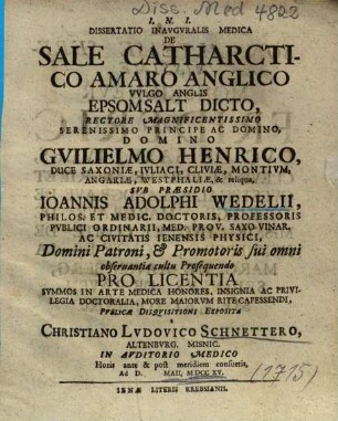 Dissertatio Inavgvralis Medica De Sale Catharctico Amaro Anglico Vvlgo Anglis Epsomsalt Dicto