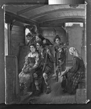 Oberbayerische Bauern im Eisenbahnabteil