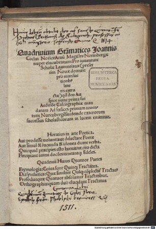 Quadriuium Gra[m]matices Joannis Coclaei Norici, Artiu[m] Magistri : Pro iuuentute Scholae Laurentianae ... in lucem emittitur