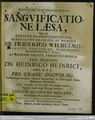 Disputatio Inauguralis Medica De Sanguificatione Laesa
