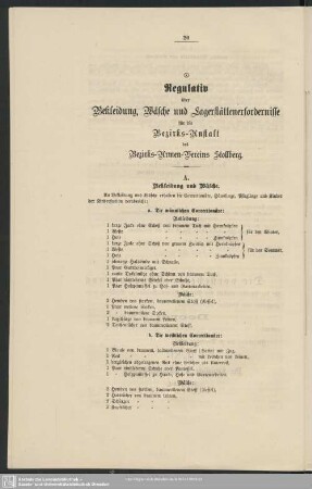 Regulativ über Bekleidung, Wäsche und Lagerstättenerfordernisse für die Bezirks-Anstalt des Bezirks-Armen-Vereins Stollberg