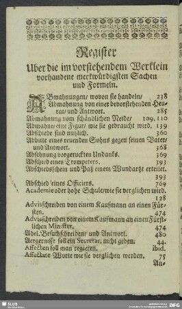 Register Uber die im vorstehenden Werklein vorhandene merkwürdigsten Sachen und Formeln