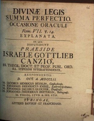 Divinae legis summa perfectio : occasione oraculi Rom. VII, v. 14 explanata