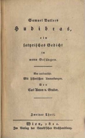 Samuel Butlers Hudibras : ein satyrisches Gedicht. 2