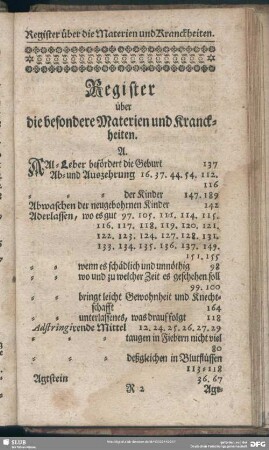 Register über die besondere Materien und Kranckheiten