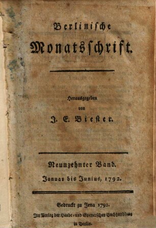 Berlinische Monatsschrift. 19, 19. 1792