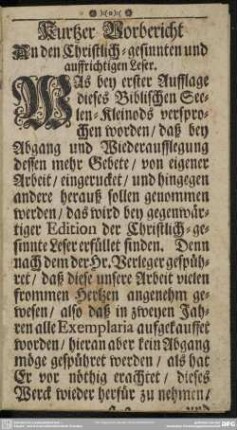 Kurtzer Vorbericht An den Christlich-gesinnten und auffrichtigen Leser