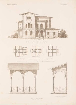 Landhaus, München: Grundrisse, Ansicht, Details (aus: Architektonisches Skizzenbuch, H. 45/2, 1860)