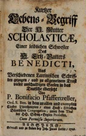 Kurtzer Lebens-Begriff der heiligen Mutter Scholasticae
