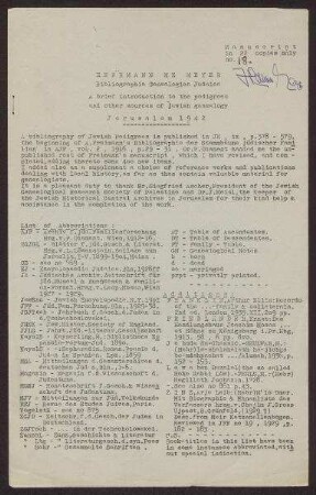 Typoskript: "Bibliographia Genelogica Judaica. A brief introduction to the pedigrees and other sources of Jewish genealogy"