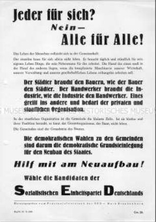 Aufruf zur Zusammenarbeit aller Bevölkerungsgruppen beim Neuaufbau; Aufruf zur Wahl der Kandidaten der SED bei den Gemeindewahlen 1946