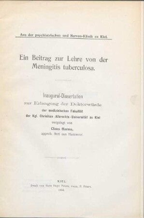 Ein Beitrag zur Lehre von der Meningitis tuberculosa