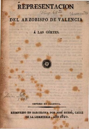 Representación del Arzobispo de Valencia á las Córtes