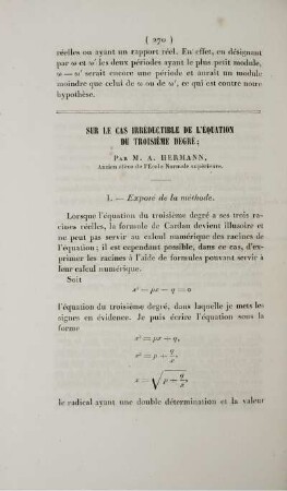 Sur le cas irréductible de l'équation du troisième degré.