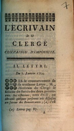 L' Écrivain Du Clergé Convaincu D'Imposture : II. Lettre Du 7. Janvier 1754