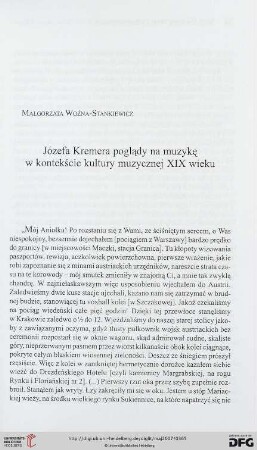 Józefa Kremera poglądy na muzykę w kontekście kultury muzycznej XIX wieku