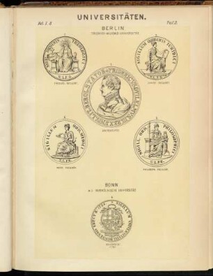Taf. 2. Berlin Friedrich-Wilhelms Universität. 1. Universität. - 2. Theolog. Facultät. - 3. Jurist. Facultät. - 4. Medic. Facultät. - 5. Philosoph. Facultät. - Bonn a) Kurkölnische Universität 6. Universität 1786