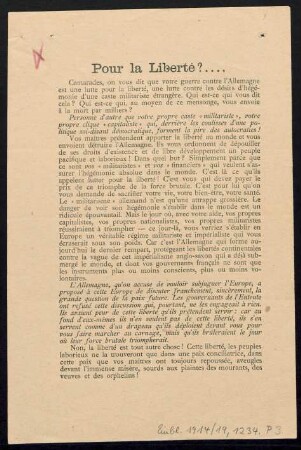 Pour la Liberté? : Camerades, on vous dit votre guerre contre l'Allemagne est une lutte pour la liberté, une lutte contre les désirs d'hégémonie d'une caste militariste étrangère ...