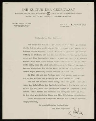 Brief von Ernst Lecher an Karl Schwarzschild, Wien, 3.2.1910