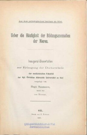 Ueber die Häufigkeit der Bildungsanomalien der Nieren