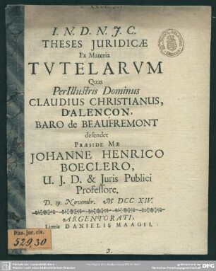 Theses Iuridicae Ex Materia Tutelarum : D. 19. Novembr. MDCCXIV