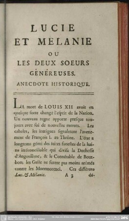 Lucie Et Melanie Ou Les Deux Soeurs Généreuses. Anecdote Historique