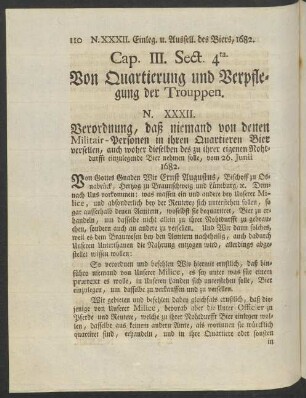 Sect. 4ta. Von Quartierung und Verpflegung der Trouppen