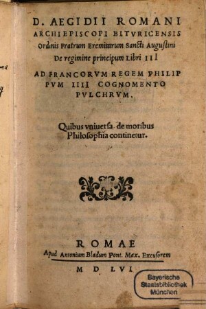 De regimine principum : libri III.