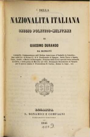 Della nazionalità italiana, saggio politico - militare