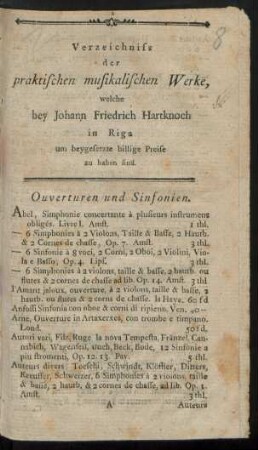Verzeichniss der praktischen musikalischen Werke, welche bey Johann Friedrich Hartknoch um beygesetzte Preise zu haben sind