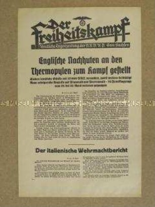 Nachrichtenblatt der Tageszeitung der NSDAP Sachsen "Der Freiheitskampf" über den deutschen Bombenangriff auf griechische Handelsschiffe