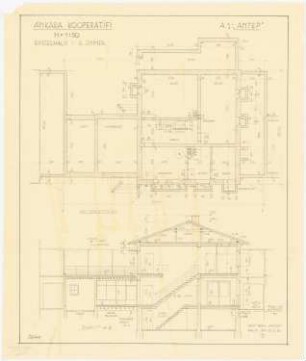 Gesamtbebauungsplan Ankara Ankara Kooperatifi. Haustypen: Typ A1, ANTEP, Einzelhaus 6 Zimmer, Grundriss Kellergeschoss, Längsschnitt 1:50
