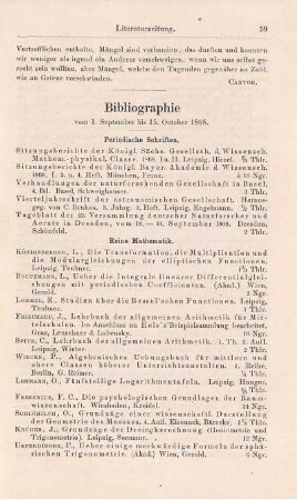 Bibliographie vom 1. September bis 15. October 1868.