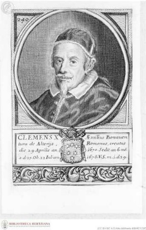 Unbekannte Sammlung numerierter Papstbildnisse in rundem Medaillon über wappenbewehrter Inschrift, mit Zierleiste in Akanthusornamentik, Clemens X., Papst, Porträt