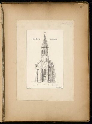 Dorfkirche mit 250 Sitzplätzen Monatskonkurrenz Februar 1866: Aufriss Eingangsseite; Maßstabsleiste