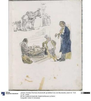 Studienblatt: gesattelter Esel, drei Musikanten