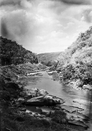 Flusslauf mit Felsen : Ein Fluss mit zahlreichen Felsen im Flussbett. Links eine Uferböschung mit Gras, Felsen und Ästen, darüber eine Straße. Links und rechts ein bewaldeter Hügel.