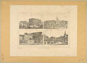 Bilderbogen mit vier Ansichten bedeutender Leipziger Gebäude: Schützenhaus, Augusteum und Paulinerkirche am Augustusplatz, Börse am Naschmarkt und Marktplatz mit Rathaus, aus einer Reihe (Zeitschrift Bauwerke?)