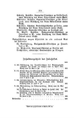 Inhaltsverzeichnis des Juli-Heftes