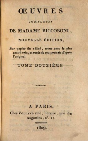 Oeuvres complètes de Madame Riccoboni. 12. Lettres de Mylord Rivers