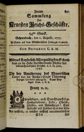 54tes Stuck. Schwabach, den 2. Augusti, 1757.