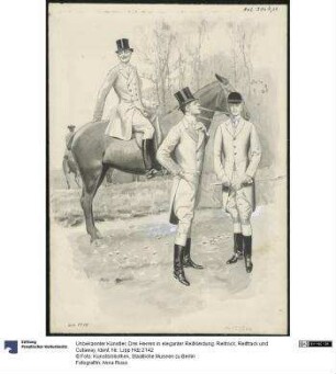 Drei Herren in eleganter Reitkleidung: Reitrock, Reitfrack und Cutaway
