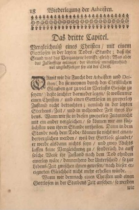 Das dritte Capitel. Vergleichnuß eines Christen, mit einem Gottlosen in der letzten Todes-Stunde ...