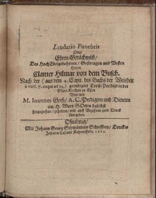 Laudatio Funebris Oder Ehren-Gedächtnüß [...]