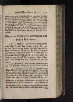 Allgemeine Begriffe von algebraischen und höhern Functionen.