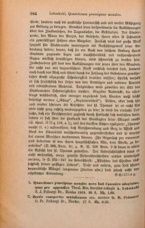 384-385 [Rezension] Lehmkuhl, Augustin, Quaestiones praecipuae morales novo iuri canonico adaptatae